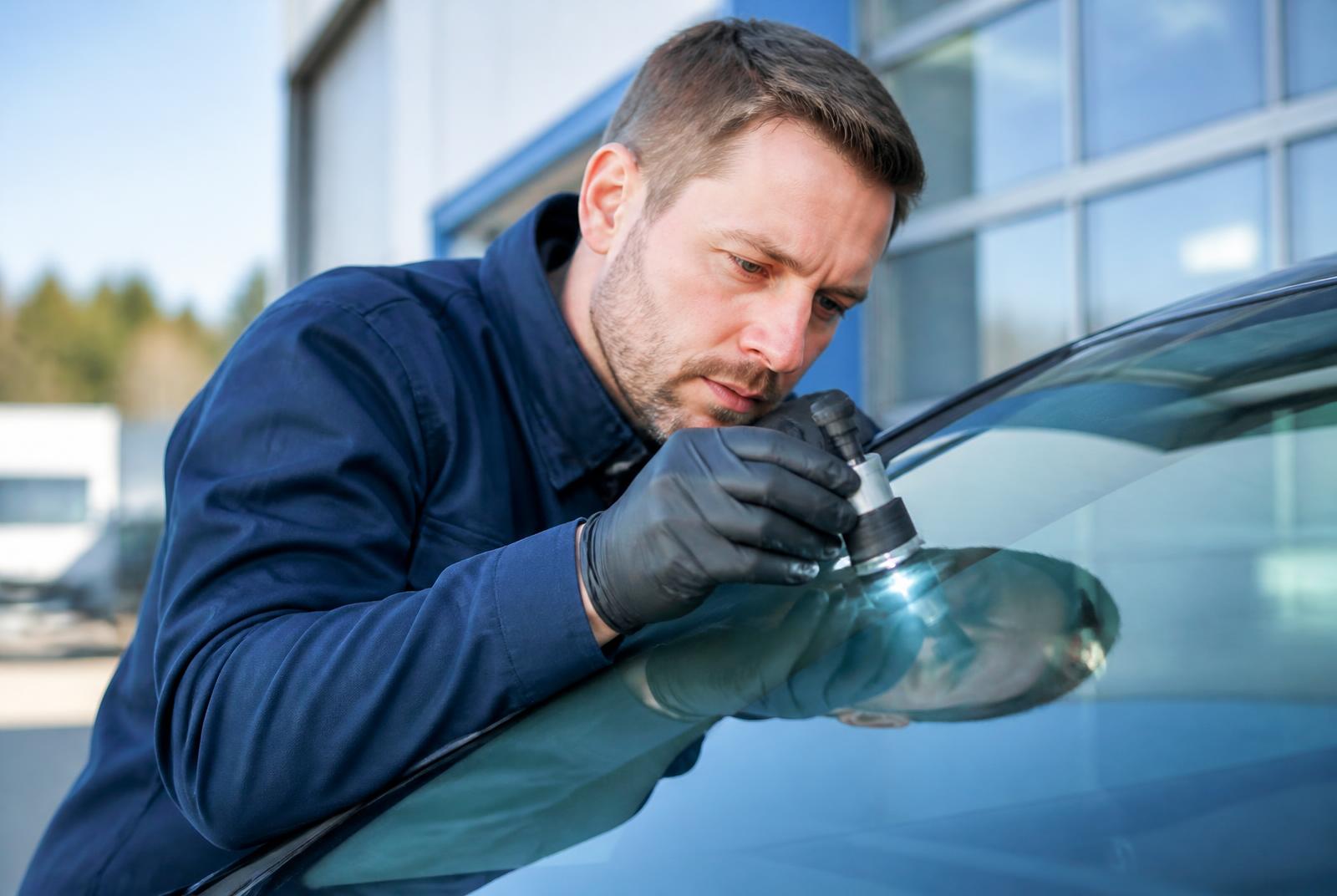 Technician inspecting a windscreen chip on a customer vehicle